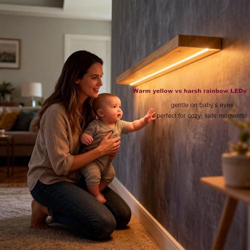Image of ROGMARS 36 Inches Long Walnut Floating Shelves with Led Light | Rustic Solid Wood Farmhouse Wall Shelves with Invisible Brackets for Bedroom, Living Room, Kitchen, Bathroom Set of 2