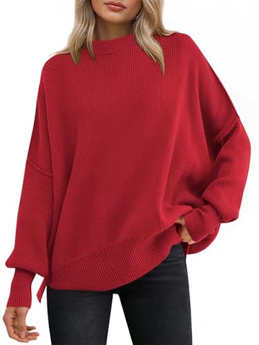 Image of ANRABESS Women Oversized Sweaters Batwing Long Sleeve 2026 Fall Outfits Crewneck Casual Knit Side Slit Fashion Pullover Top