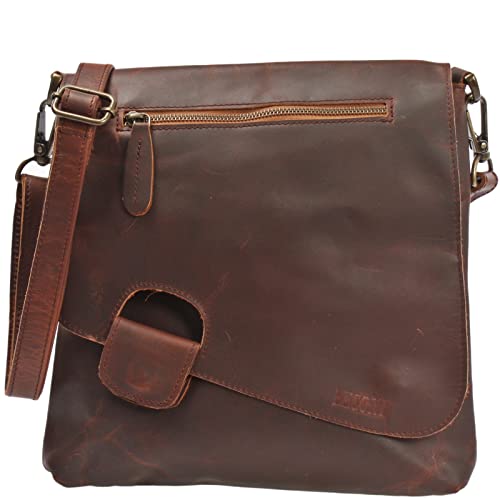 LECONI Umhängetasche Damen-Tasche Crossbag Rinds-Leder Natur Schultertasche Vintage-Look Ledertasche Frauen + Herren Handtasche aus Echt-Leder 29x29x6cm braun LE3027-wax