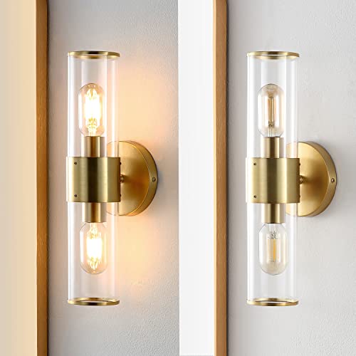 Image of JONATHAN Y 15.5 inch Brass Gold 2-Light Modern Iron LED Wall Sconce for Bathroom Vanity Kitchen Hallway, Clear Acrylic Shade, LED Bulbs Included JYL9913A