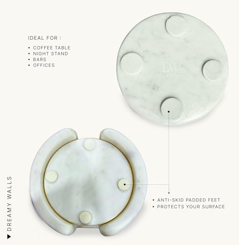 Image of Dreamy Walls 4'' White Marble Coasters with Holder for Drinks, Tabletop & Coffee Table | Easy Clean, Non-Slip & Heat-Resistant, Party /Office /Home Decor | 4 Inches, Set of 4, Gold Brass Rim, Round