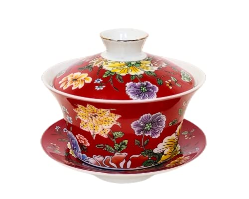 KOPYFANTAP Tazza da Tè in Porcellana Tradizionale Kungfu Cinese con Coperchio e Piattino,Gaiwan in Porcellana Rosso con Grafica Fiori, Tazza Tea Set da 300 ml di Grande Capacità per Tè o Caffè