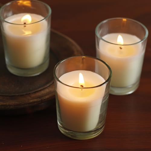 Image of Hosley Set of 12 Ivory Unscented Votive Candles 12 Hour Burn Time Hand-Poured Wax in Clear Glass Holders Long-Lasting, Smokeless Candles for Weddings, Home Decor, Spa & Events.