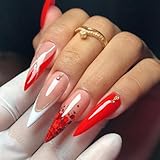 MISUD Press on Nails - Long Stiletto Fake Nails with Red, Acrylic Bling Glitter Design 24 pcs