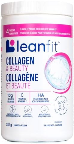LEANFIT COLLAGEN & BEAUTY Unflavoured - 10g Bioactive Collagen Peptides Powder + Vitamin C + Hyaluronic Acid - Clinically Proven to Reduce Eye Wrinkles in Just 4 Weeks - 28 Servings, 284g Tub