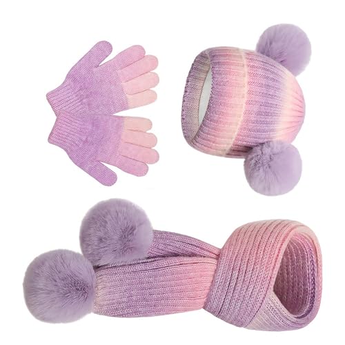 Conjunto de gorro y bufanda de lana para bebé con guantes de pompones