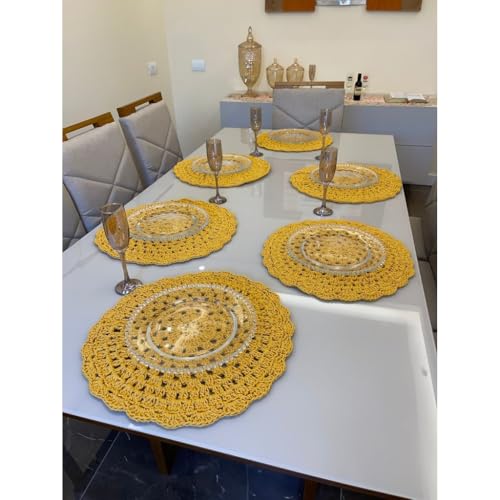 Sousplat de Crochê Kit 4-10 Peças Colorido 38cm Artesanal Mesa Posta Natal(Amarelo,6 Lugar)