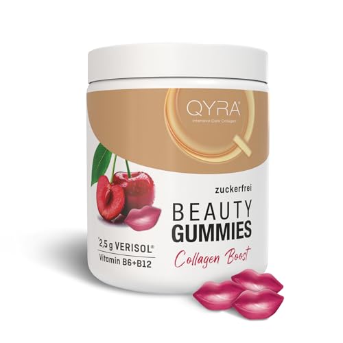 QYRA Kollagen Gummibärchen – 2,5 g VERISOL® Kollagenpeptide + Vitamin B6 & B12 – Kollagen Gummies für Haut, Haare & Nägel – Kirschgeschmack, zuckerfrei, halal, glutenfrei – Made in Germany