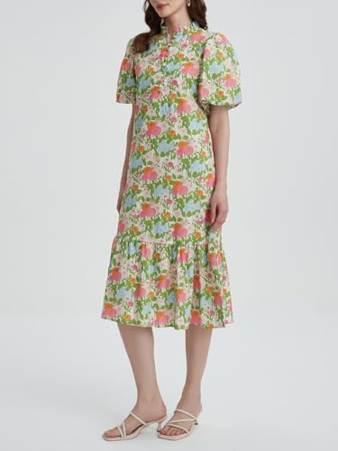 Summer Floral Midi Dress for Women Puff Short Sleeve Button Down V Neck Pretty Garden Boho Dresses3
