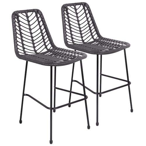Happy Garden Lot de 2 tabourets de Bar en rotin synthétique Noirs OKA avec Repose-Pieds, Tabourets avec Dossier Noir