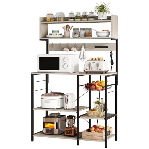 LYNCOHOME 幅90ワイドレンジラック 計4口 コンセント付き USBポート付き レンジ台 レンジボード 食器棚 キッチンラック キッチン収納 大型レンジ対応 収納バスケット付き 網かご付き(グレージュ 北欧風 おしゃれ)