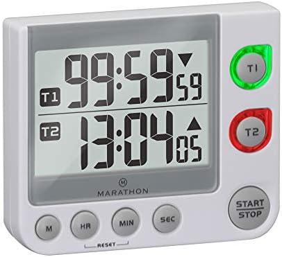 Marathon 100 Hour Dual Digital Timer, White - Large, Easy-to-Read LCD Display - Loud Ring Alarm - 2 AAA Batteries Included