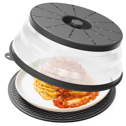 Image of ML-24-7-1 Microwave Splatter Cover & Mat, Vented Collapsible Splatter Guard dish Plate lid & Silicone Round Kitchen Mat for Food, Meal Prep