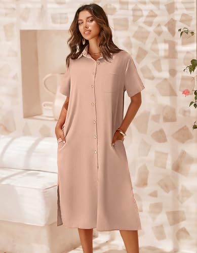Image of Zeagoo Women Dresses Summer Casual Short Sleeve Button Down Shirt Dresses 2026 Beach Cover Up with Pockets