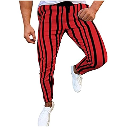 gfdrt Men's Casual Skinny Trousers Slim Fit Track Pants Striped Plaid Tracksuit Bottoms Jogger Trousers Red Cover