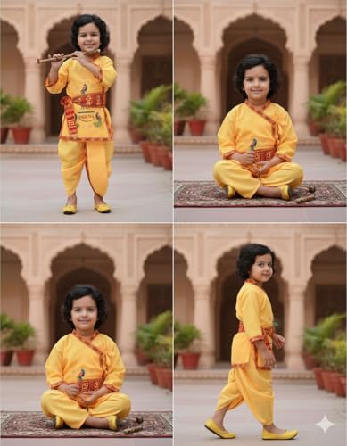 Image of BookMyCostume Cotton Shri Krishna Dress For Baby Boy|Print Krishna Costume For Kids With Patka|Janmashtami Photoshoot Outfit|Kanha Dress For Baby Boy|Fancy Dress Costumes For Kids|6-12 Months
