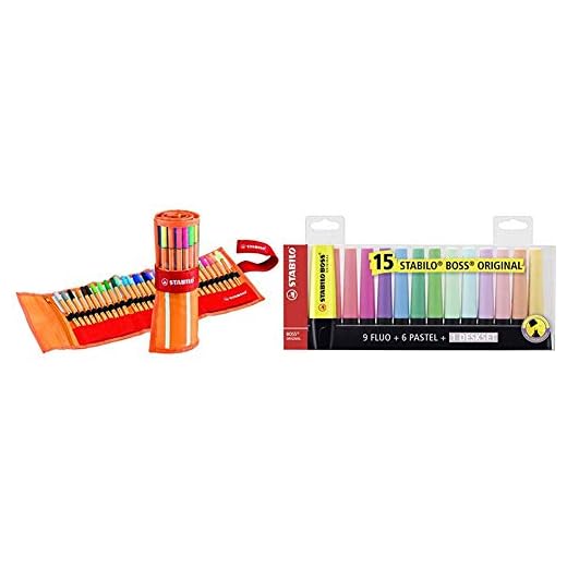 Rotulador punta fina STABILO point 88 Estuche premium de tela Rollerset con 30 colores + Marcador STABILO BOSS Original Set de mesa con 9 colores fluorescentes y 6 colores pastel