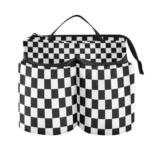 Image of Luggage Cup Holder for Suitcases Free Hands Suitcase Cup Holder Travel Luggage Drink Holder Portable Luggage Cup Caddy Bag Carrier with Handle Checkered Black and White