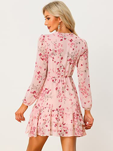 Image of Allegra K Women's Spring Dresses 2026 Tie V Neck Semi Sheer Long Sleeve Layered Tiered Chiffon Mini Floral Dress