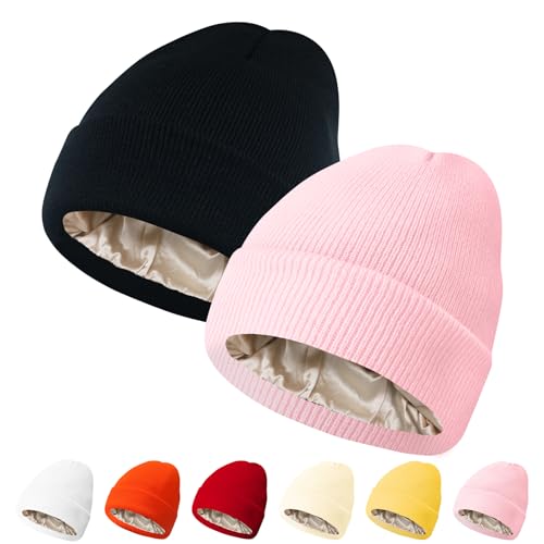 Image of PFFY Womens Satin Lined Beanie Silk Lining Winter Hats Beanies for Women | Silk Feeling Lining, Soft Slouchy Beanie Hat, Protect Hair Reduce Frizz, Winter Hat for Cold Weather, Essential for Outdoor