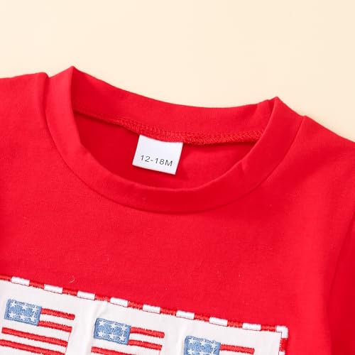 Image of Toddler Boy 4th of July Outfit Embroidered American Flag /Truck Shirt+Striped Shorts Independence Day 1-5T