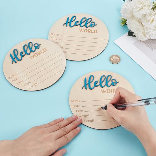 Image of 3Pcs Newborn Announcement Sign 5.9Inches Round Wooden Hello World Newborn Name Board Birth Stat Plaque Photo Prop Gifts Blue for Hospital Home Nursery Shower