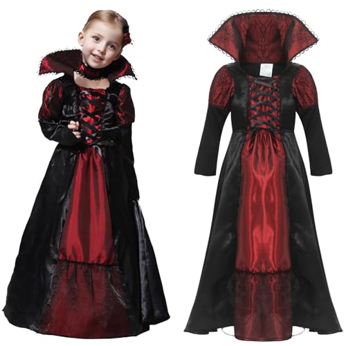 Clundoo Kids Halloween Vampire Costume Girls Gothic Vampiress Costume Princess Vampiress Queen Dress Up Party (M)