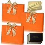 3 pezzi sacchetti regalo arancione,sacchettini regalo compleanno in carta con manici,eleganti medie imballaggio regali con 3 nastro 3 carte e 6 veline per compleanno,matrimonio,natale,san valentino