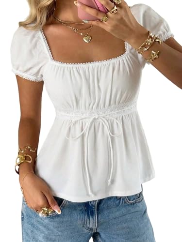 SOLY HUX Womens Short Sleeve Babydoll Tops Cute Summer Blouse Solid White