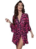 SheIn Damen Morgenmantel Leopardmuster Bademantel Kimono Mesh Nachmantel 3/4-lange Ärmel Nachthemd für Braut Nachtwäsche mit Gürtel Violett Schwarz S
