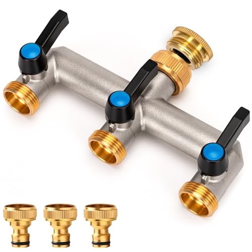 Wasserverteiler 3 Wege, Messing Wasseranschluss verteiler, Verlängerter Griff 3/4 Zoll Adapter mit 3 Stück 3/4 Zoll auf 1/2 Zoll Hahnanschluss für Haus, Hof/Waschmaschine
