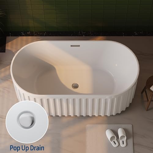 Image of GarveeLife Freestanding Bathtubs 59 inch Glossy White Acrylic Soaking Tub - Modern Striped Freestanding Bath Tub with Overflow, Pop-Up Drain & Hidden Drainage for Home Spa and Bathroom Upgrade