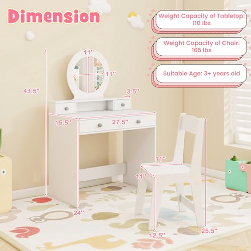 Image of HONEY JOY Kids Vanity, Little Girls Vanity Set with Mirror and Stool, Drawers, Toddler Makeup Vanity Dressing Table, Wooden Pretend Play Kids Vanity Table and Chair Set (White)