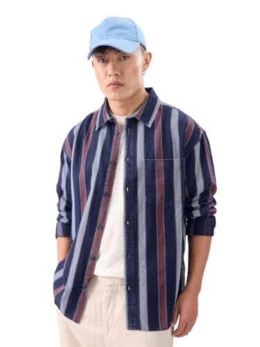 Image of The Souled Store Stripes: Blue, Rust Red Men and Boys Long Sleeves Collared Neck Button Front Cotton Relaxed Fit Shirts