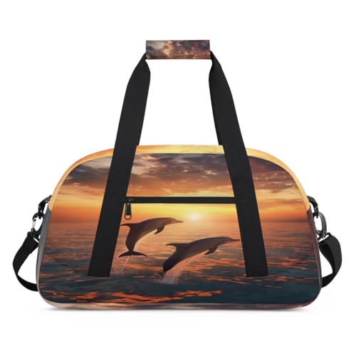 Sea Ocean Dolphin Kids Duffle Bags for Boys Girls, Sunset Fish Sport Gym Bag Waterproof Travel Overnight Weekender Bag Teen Dance Gymnastics Sleepover Bag