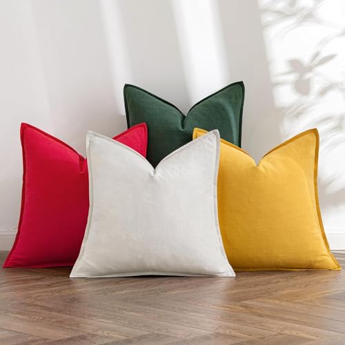 MIULEE Set of 4 Christmas Red/Green Linen Pillow Covers - Soft 18x18 Inch Decorative Throw Pillows for Living Room and Sofa