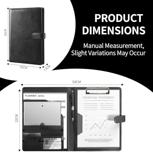 FeinKulturia Klemmbrettmappe A4 aus PU-Leder, Magnetische & Faltbare Clipboard Schreibmappe mit Deckel, Stiftehalter & Dokumentenfächern, Portfolio für Büro, Schule, Home, Pflege & Konferenzen Schwarz