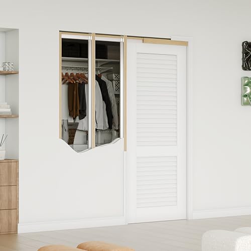 Image of 28 inch x 80 inch Sliding Pocket Door, Louvered Pantry Doors with Frame and Hardware Kit, Interior Door, White Primer Closet Doors - No Panel Assembly Required
