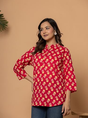 Image of Women's Cotton Printed Kurta Top | 3 /4 Sleeve Straight Kurti Casual Outings