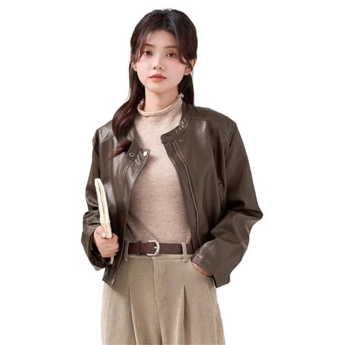 Veste en simili cuir marron femme courte zippée mi-saison rétro