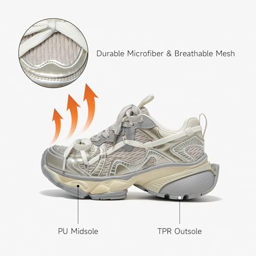 BEAU TODAY Womens Platform Fashion Sneakers, Chunky Leather Walking Shoes for Women, Casual Dress Comfortable Non-Slip Lace-up Mesh Running Gym Shoes3