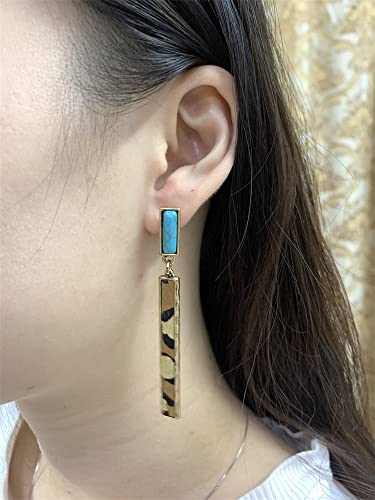 Rectangle Turquoise Dangle Earrings for Women Hypoallergenic Gold Tone Long Charms Birthstone Leopard Print Faux Leather Drop Dangling Stud Retro Lightweight Birthday Holiday Party Jewelry Gifts3
