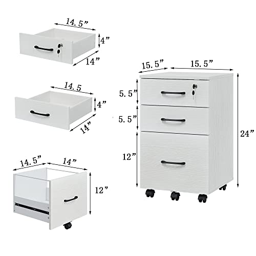 3 Drawers Wooden Locking File Cabinet With Storage Removable File Cabinet For Home Office,Under Desk Filing Cabinets(White) #TOP2