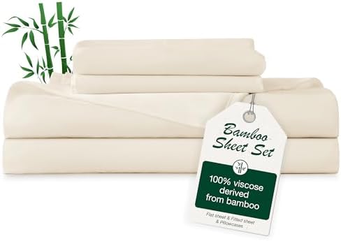 Love's cabin 4 Piece Queen Sheet Set, Cooling Sheets, 100% Rayon Derived from Bamboo, Breathable & Soft Queen Size Bed Set, Deep Pocket Up to 16", Hotel Luxury Silky Bedding Sheets, Beige