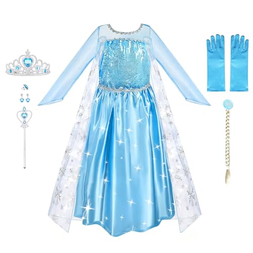 URAQT Kleid Prinzessin Kostüm Kinder Mädchen, Krone Kleid Kinder 9-teiliges Set mit Diadem Handschuhe Zauberstab usw für Weihnachten Verkleidung Karneval Party Halloween,120CM