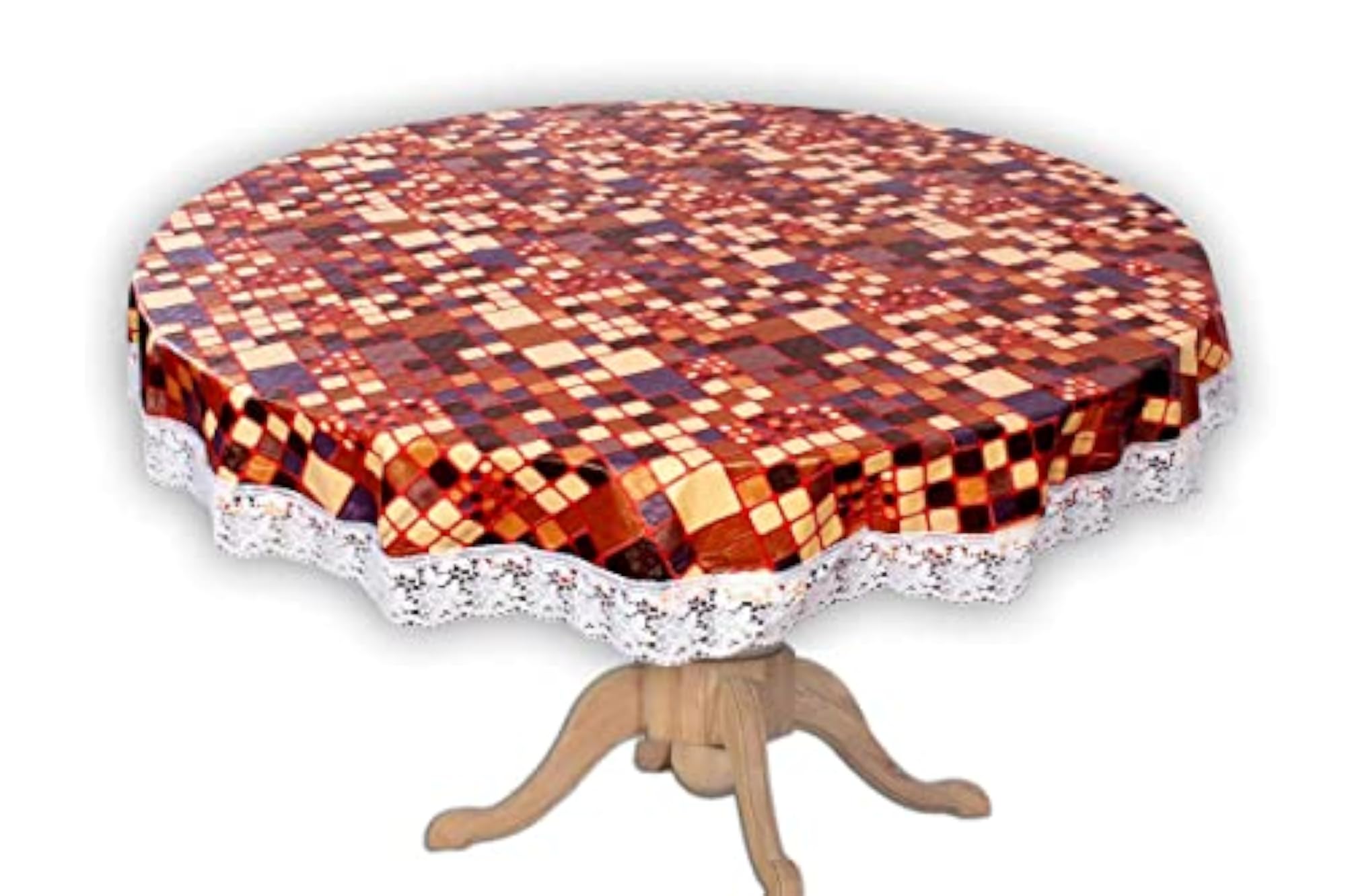 Multi Color Square Printed Table Cloth with White Lace, Waterproof
