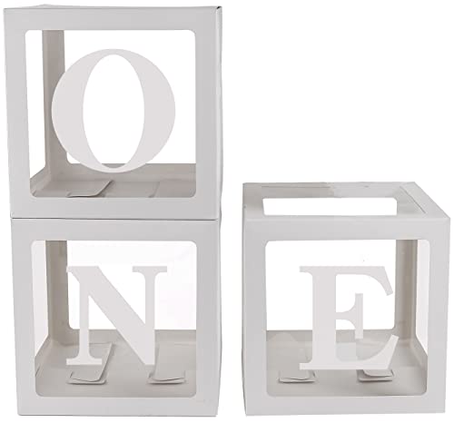 Image of Sooyee First Birthday Decorations For Boy Or Girl, 3 Pcs ONE Balloon Boxes For 1st Birthday, Baby Clear Blocks Party Decor With ONE Letters For Photoshoot Props, Cake Smash Backdrop
