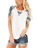 Halife White Shirts for Women Casual Color Block Raglan Short Sleeve top,L