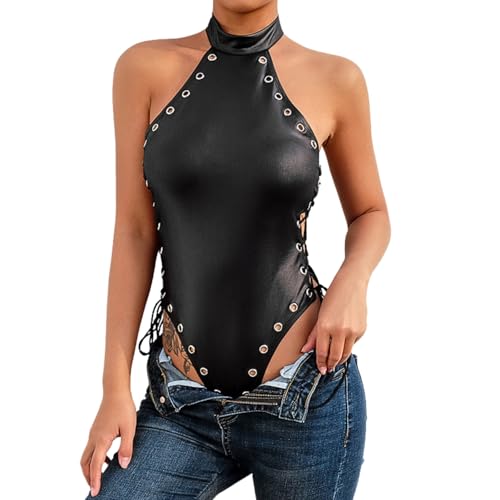 Gatamiau Sexy Body Damen Wetlook Ärmellose Reizwäsche Bodysuit Frauen Sexy Latex Lackleder Damen Sexy Ein Stück Push Up Lingerie Babydoll Clubwear...