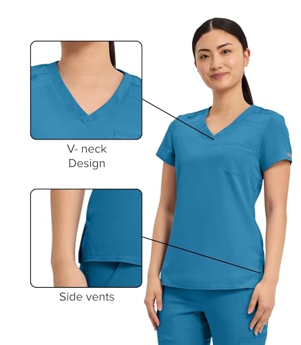 Image of Med Couture Women's V-Neck Scrub Top, Modern Fit Tuck-in Top with Stretchy Rib-Knit Shoulders and Chest Pocket - MC7448